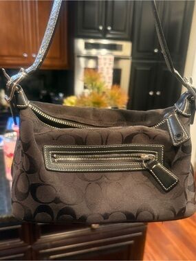 Coach Black Signature Jacquard Shoulder Bag with Leather Trim